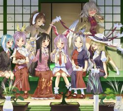 6+girls angel_wings animal animal_ears animal_on_lap assisted_exposure belt black_hair black_jacket black_socks blazer blonde_hair blue_dress blue_eyes blue_hair blunt_bangs blush bonsai bow bowtie bracelet brown_hair carrot_necklace cat convenient_censoring dress eientei feathered_wings finger_to_cheek floppy_ears hair_bow hat highres hime_cut houraisan_kaguya inaba_mob_(touhou) inaba_tewi jacket jewelry kishin_sagume kneehighs long_hair long_skirt long_sleeves lunatic_gun multiple_girls necklace necktie nurse_cap on_lap open_mouth otomeza_ryuseigun panties plant ponytail porch purple_dress purple_hair rabbit rabbit_ears red_bow red_bowtie red_dress red_eyes red_necktie reisen_(touhou_bougetsushou) reisen_udongein_inaba shirt shoes short_hair short_sleeves single_strap single_wing sitting skirt smile smug socks tears touhou underwear watatsuki_no_toyohime watatsuki_no_yorihime white_bow white_bowtie white_hair white_panties white_shirt white_socks white_wings wings yagokoro_eirin
