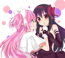 Rule 34 | 2girls, akemi homura, akuma homura, bare shoulders, black gloves, black hair, bow, choker, dotted background, dress, elbow gloves, finger to another&#039;s mouth, gloves, hair bow, hair ribbon, hairband, heart, heart print, highres, holding another&#039;s wrist, kaname madoka, long hair, looking at another, loving aura, magical girl, mahou shoujo madoka magica, multiple girls, nakoffu, open mouth, pink hair, red eyes, ribbon, smile, three-toned background, two side up, ultimate madoka, upper body, white dress, white gloves, yellow eyes