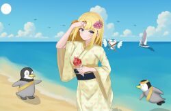 1girl beach bird blonde_hair blue_eyes boat cloud cloudy_sky commission flower hair_flower hair_ornament highres indie_virtual_youtuber japanese_clothes looking_at_viewer pengin_pina penguin prism_project renhiraoka12 sky solo standing sun virtual_youtuber water watercraft