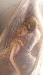 2girls between_breasts blonde_hair blush breasts brown_hair deerwhisky dungeon_meshi elf eye_contact face_between_breasts falin_touden falin_touden_(chimera) feathered_wings feathers green_eyes hand_in_another&#039;s_hair hand_on_another&#039;s_ear hand_on_another&#039;s_shoulder head_between_breasts highres hug large_breasts looking_at_another marcille_donato multiple_girls nude parted_lips pointy_ears short_hair wings yuri