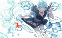 1girl aqua_eyes aqua_hair black_bow black_sailor_collar black_skirt blush bottle_miku bow commentary_request feet_out_of_frame grin hair_bow hatsune_miku highres ice ice_cube ka_4maki koi leaning_forward liquid_hair long_hair pleated_skirt red_bow sailor_collar shirt short_sleeves simple_background skirt skirt_hold smile solo striped_bow thighhighs twintails very_long_hair vocaloid white_background white_shirt white_thighhighs