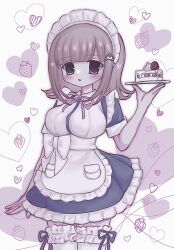 1girl :o apron black_dress blunt_bangs blush breasts brown_hair cake cowboy_shot danganronpa_(series) danganronpa_2:_goodbye_despair dress flipped_hair food frilled_dress frills galaga hair_ornament hand_up heart highres holding holding_plate imydestination large_breasts maid maid_headdress medium_hair nanami_chiaki neck_ribbon pink_ribbon plate ribbon short_sleeves spaceship_hair_ornament strawberry_shortcake thighhighs waist_apron white_background white_dress white_thighhighs