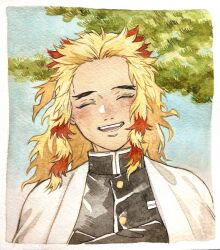 Rule 34 | 1boy, blonde hair, cheeeeese0619, closed eyes, commentary request, demon slayer uniform, forked eyebrows, haori, highres, japanese clothes, kimetsu no yaiba, male focus, multicolored hair, open mouth, painting (medium), portrait, red hair, rengoku kyoujurou, smile, solo, streaked hair, traditional media, two-tone hair, watercolor (medium)