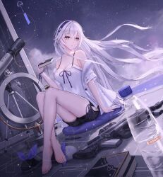 1girl bare_legs bare_shoulders black_shorts book bottle camisole celestia_(midsummer_night)_(strinova) celestia_(strinova) crossed_legs floating_hair gun hairband highres holding holding_book jacket long_hair night night_sky off_shoulder purple_eyes purple_ribbon ribbon rifle short_sleeves shorts sitting sky solo spaghetti_strap star_(sky) starry_sky strinova telescope water_bottle weapon white_camisole white_hair white_jacket yuzuriha_(atelier_liang)