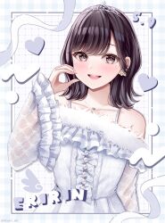 Rule 34 | 1girl, :d, bare shoulders, black hair, blush, brown eyes, center frills, collarbone, commentary request, dress, frilled sleeves, frills, fur-trimmed dress, fur trim, grey dress, hand up, heart, highres, ishitobi erika, long sleeves, looking at viewer, off-shoulder dress, off shoulder, open mouth, real life, sakura hiyori, smile, solo, tiara, upper body, voice actor, wide sleeves