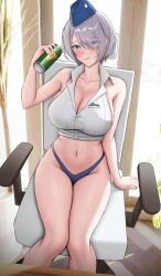Rule 34 | 1girl, absurdres, bare shoulders, blue eyes, blue headwear, blue panties, blush, breasts, brid (nikke), chair, collared shirt, colored inner hair, doenji (auto7233), eyes visible through hair, garrison cap, goddess of victory: nikke, green hair, grey hair, hair over one eye, hat, highres, holding, large breasts, long hair, looking at viewer, low-tied long hair, multicolored hair, navel, office chair, panties, shirt, sideless shirt, sitting, sleeveless, solo, string panties, striped clothes, striped shirt, swivel chair, thighs, underwear, white shirt