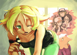10s 2boys 2girls adjusting_eyewear ahoge baseball_cap bent_over bianca_(pokemon) black_hair blonde_hair bracelet breasts cheren_(pokemon) closed_eyes creatures_(company) donnpati game_freak gen_5_pokemon glasses green_eyes green_hair hat highres hilda_(pokemon) jewelry medium_breasts messy_hair multiple_boys multiple_girls munna n_(pokemon) nintendo one_eye_closed pokemon pokemon_(creature) pokemon_bw pokemon_bw2 short_hair sleepy smile strap_slip unworn_eyewear waking_up wink yawning