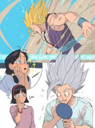 1boy 1girl blonde_hair blue_eyes blush couple dragon_ball dragon_ball_super dragon_ball_super_super_hero genniax gohan_beast highres husband_and_wife lightning muscular muscular_male red_eyes scratches serious son_gohan super_saiyan super_saiyan_2 surprised videl white_hair