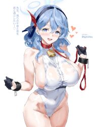 Rule 34 | 1girl, ako (blue archive), animal collar, artist name, bell, black gloves, blue archive, blue eyes, blue hair, blush, breasts, collar, covered navel, cowbell, cowboy shot, gloves, hair between eyes, hands up, highleg, highleg leotard, highres, holding, holding leash, huge breasts, igiroitsu, leash, leotard, looking at viewer, medium hair, open mouth, red collar, simple background, smile, solo, thick thighs, thighs, translation request, white background, white leotard