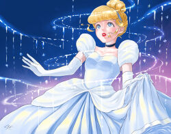 Rule 34 | 1girl, absurdres, blonde hair, blue dress, blue eyes, breasts, choker, cinderella (disney character), cinderella (disney movie), dress, earrings, elbow gloves, gloves, gown, hair bun, hairband, highres, jewelry, looking at viewer, meppule, princess, princess dress, short hair, smile, solo