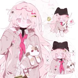 1girl :3 animal animal_hat black_hat cake cake_slice cat cat_hat chibi food glasses hair_between_eyes hair_ornament hairclip hat highres holding holding_animal jacket long_hair long_sleeves looking_at_viewer memuro multiple_views neckerchief original pink_eyes pink_hair plate red-framed_eyewear red_neckerchief semi-rimless_eyewear strawberry_shortcake stuffed_animal stuffed_cat stuffed_toy twitter_username under-rim_eyewear upper_body white_background