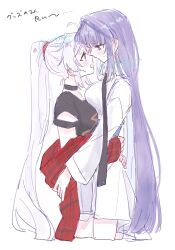 Rule 34 | 2girls, ahoge, alternate costume, artist name, black choker, black shirt, blunt bangs, blush, breast press, breasts, choker, collared dress, commentary request, dress, dress shirt, face-to-face, from side, hair between eyes, hair down, hair intakes, high ponytail, highres, honkai (series), honkai impact 3rd, hug, kiana kaslana, large breasts, long hair, long sleeves, looking at another, looking down, looking up, multiple girls, noses touching, off shoulder, official alternate costume, open clothes, open mouth, open shirt, ponytail, purple eyes, purple hair, raiden mei, shirt, short sleeves, simple background, sousaku rousoku, standing, sweatdrop, torn clothes, torn sleeves, twitter username, very long hair, white background, white hair, wide sleeves, yuri