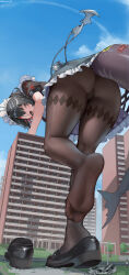 absurdres apron ass black_hair black_pantyhose destruction diamond_print ellen_joe feet fins fish_tail foot_focus from_below giant giantess highres loafers looking_back maid maid_apron maid_headdress mousedic07 pantyhose red_eyes shark_girl shark_tail shoes short_hair soles tail zenless_zone_zero