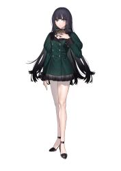 1girl black_eyes black_footwear black_hair black_skirt butterfly_brooch closed_mouth full_body green_jacket hand_on_own_chest high_heels highres jacket juliet_sleeves kippu lilja_to_natsuka_no_junpaku_na_uso long_hair long_sleeves official_art pleated_skirt puffy_sleeves sidelocks skirt solo togetsu_yoru transparent_background very_long_hair