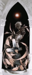 1boy aged_down aidonotknow amputee arm_at_side black_hair commentary cross_punisher glowing grey_shirt grey_shoes grey_shorts gun hand_up handgun highres holding holding_gun holding_weapon large_cross leaf looking_to_the_side male_focus nicholas_d._wolfwood night night_sky on_ground piercing pillar shirt shoes short_hair short_sleeves shorts sky solo statue t-shirt toned toned_male trigun twitter_username vash_the_stampede weapon