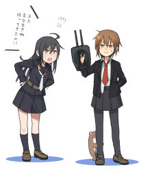 2girls adapted_turret ahoge annin_musou black_hair black_pantyhose black_serafuku blazer bokukawauso brown_eyes brown_hair commentary_request crescent crescent_pin hand_in_pocket highres jacket kantai_collection kneehighs long_hair long_sleeves mikazuki_(kancolle) multiple_girls necktie otter pantyhose pleated_skirt school_uniform serafuku short_hair simple_background skirt socks translation_request wakaba_(kancolle) white_background white_necktie