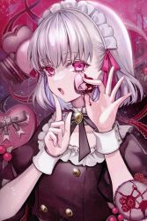 1girl alternate_costume black_dress breasts brooch buttons candy chocolate chocolate_heart choker collarbone diandao_qin double-breasted dress enmaided fate/grand_order fate/grand_order_arcade fate_(series) food frilled_choker frills hair_ribbon heart heart-shaped_food highres jewelry kama_(fate) kama_(mistake)_(fate) kama_(mistake)_(second_ascension)_(fate) looking_at_viewer maid maid_headdress open_mouth puffy_short_sleeves puffy_sleeves red_eyes ribbon short_hair short_sleeves small_breasts solo white_hair wrist_cuffs