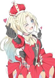 Rule 34 | 1girl, ;d, black gloves, blonde hair, blue eyes, blue hair, blush, bow, bow-shaped hair, bowtie, breasts, commentary, cowboy shot, crown, detached collar, double finger heart, dress, elbow gloves, fang, finger heart, frilled dress, frills, gloves, gradient hair, highres, link! like! love live!, long hair, looking at viewer, love live!, multicolored hair, official alternate costume, one eye closed, open mouth, osawa rurino, parted bangs, pinstripe dress, pinstripe pattern, puffy short sleeves, puffy sleeves, red crown, red dress, short sleeves, side ponytail, simple background, skin fang, small breasts, smile, solo, tomoe (tomoe 200), virtual youtuber, white background, yellow bow, yellow bowtie, zenhoi kyun
