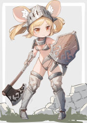 1girl animal_ear_fluff animal_ears armor armored_boots axe bikini bikini_armor blonde_hair boots breasts brown_eyes cleavage female_focus full_body groin helmet highres ikpde knee_boots loli long_hair metal_bikini micro_bikini mouse_ears mouse_girl navel original shield small_breasts solo swimsuit thighhighs thighs twintails weapon white_thighhighs