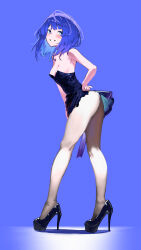 1girl absurdres ass bare_arms bare_shoulders black_shoes blue_background blue_dress blue_eyes blue_hair blush breasts cleavage clenched_teeth collarbone dress from_side full_body hand_on_own_hip high_heels highres jyuunen-kun leaning_forward legs looking_at_viewer make_heroine_ga_oo_sugiru! medium_breasts medium_hair pantyhose shoes short_dress solo standing strapless strapless_dress teeth thighs white_pantyhose yanami_anna