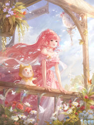 1girl absurdres ahoge analog_clock animal artist_request bare_arms bare_shoulders beads blue_flower blue_sky blunt_bangs bow bowtie bra_strap bug butterfly cat cherry_blossoms chinese_commentary cloak clock clothed_animal cloud commentary_request copyright_name daisy day dress dress_flower ear_covers feet_out_of_frame floating_clothes floating_hair flower flower_brooch gown hair_beads hair_flower hair_ornament hanging_plant happy highres hood hood_up hooded_cloak insect layered_dress light_particles light_rays logo long_dress long_hair looking_ahead looking_at_another miracle_nikki momo_(nikki) nikki_(nikki) nikki_(series) off-shoulder_dress off_shoulder official_art on_railing orange_bow orange_bowtie orange_butterfly outdoors outstretched_arm pawpads petals pink_dress pink_flower pink_hair purple_flower railing rainbow red_flower red_rose rose scarf second-party_source see-through_scarf sidelocks sign sitting sky spring_(season) sunlight train_station tree tulip very_long_hair wavy_hair whiskers white_butterfly white_cat white_dress white_flower white_scarf wind yellow_cloak