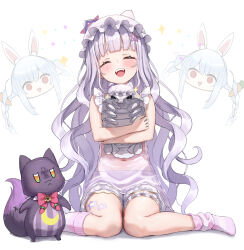 2girls :d animal arched_bangs bandaid bandaid_on_leg blush chibi closed_eyes frilled_thigh_strap giant_isopod hat highres holding holding_animal hololive long_hair multiple_girls munuu murasaki_shion murasaki_shion_(8th_costume) navel nightcap open_mouth pink_socks purple_hair see-through_nightgown shiokko_(murasaki_shion) shorts sitting smile socks solo_focus sparkle straight-on teeth thigh_strap upper_teeth_only usada_pekora very_long_hair wariza white_background white_shorts