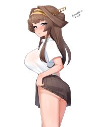 Rule 34 | 1girl, absurdres, alternate costume, brown hair, brown skirt, clothes lift, collared shirt, cowboy shot, dated, double bun, dress shirt, hair bun, headgear, highres, kantai collection, kongou (kancolle), long hair, looking at viewer, maru (marg0613), one-hour drawing challenge, purple eyes, shirt, simple background, skirt, skirt lift, solo, twitter username, white background, white shirt