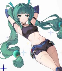 1girl absurdres android armlet armpits arms_behind_head black_choker black_shorts black_tank_top blunt_bangs blush boy_o braid braided_sidelock breasts choker closed_mouth crop_top green_eyes green_hair hair_intakes hair_ribbon highres jewelry long_hair looking_at_viewer lying navel on_back qingyi_(zenless_zone_zero) ribbon shorts side_braids solo sphere_hair_ornament tank_top twintails zenless_zone_zero