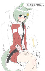 1girl animal_ears blue_eyes blush breasts breath car_interior clenched_hands embarrassed female_focus green_hair hair_ornament hairclip have_to_pee heavy_breathing highres horse_ears horse_girl horse_tail jacket jasz legs_together long_sleeves looking_down nose_blush open_mouth own_hands_together red_jacket red_shorts seat seatbelt seiun_sky_(umamusume) short_hair short_shorts shorts sidelocks sitting small_breasts solo sweat tail tears track_jacket trembling umamusume urine_meter v-shaped_eyebrows zipper zipper_pull_tab