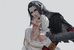 1boy 1girl aleksandra_skiba armor black_hair ciri elf eredin_breacc_glas grey_background open_mouth pointy_ears shirt simple_background the_witcher_(series) the_witcher_3 upper_body white_hair white_shirt