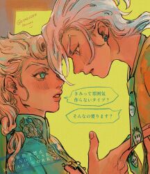 2boys bishounen blonde_hair braid clothing_cutout colored_eyelashes earrings eye_contact food-themed_earrings food_themed_earrings giorno_giovanna green_eyes highres holding_necktie jacket jewelry jojo_no_kimyou_na_bouken long_hair looking_at_another male_focus medium_hair multiple_boys okokoro_zaiku pannacotta_fugo parted_bangs shirt speech_bubble strawberry_earrings talking vento_aureo victory_rolls white_hair yellow_background