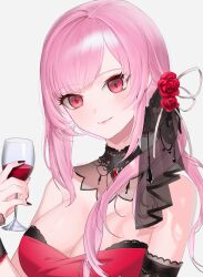 Rule 34 | 1girl, absurdres, alcohol, breasts, bridal gauntlets, choker, cleavage, cup, dress, drinking glass, embroidered dress, flower, hair flower, hair ornament, highres, holding, hololive, hololive english, lace-trimmed choker, lace collar, lace trim, large breasts, long hair, looking at viewer, mori calliope, mori calliope (party dress), nail polish, official alternate costume, ogye 01, pink eyes, pink hair, red dress, red flower, red nails, red rose, red wine, rose, simple background, smile, solo, strapless, strapless dress, upper body, virtual youtuber, white background, wine, wine glass