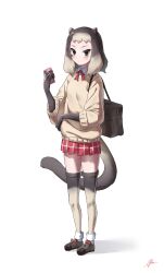 1girl absurdres alpine_marmot_(kemono_friends) animal_ears bag black_shoes blush bow bowtie brown_eyes brown_gloves brown_hair brown_sweater cellphone collared_shirt elbow_gloves footwear_bow full_body gloves grey_thighhighs highres kemono_friends long_sleeves looking_at_viewer mogurii multicolored_hair phone plaid_clothes plaid_skirt pleated_skirt red_bow red_bowtie school_bag school_uniform shirt shoes short_hair sidelocks skirt smartphone socks solo squirrel_ears squirrel_girl squirrel_tail sweater tail thighhighs two-tone_thighhighs white_shirt white_socks zettai_ryouiki