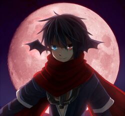 Rule 34 | 1boy, assassin cross (ragnarok online), black hair, black shirt, black wings, blue eyes, closed mouth, commentary request, demon wings, full moon, head wings, heterochromia, looking at viewer, male focus, meiko (nattu303), moon, pink moon, purple sky, ragnarok online, red eyes, red scarf, scarf, shirt, short hair, sky, smile, solo, upper body, wings