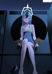 1girl absurdres barefoot black_choker black_dress black_horns black_shoes blue_archive bright_pupils choker closed_mouth dress hair_between_eyes halo highres horns kayoko_(blue_archive) kayoko_(dress)_(blue_archive) long_hair looking_at_viewer multicolored_hair red_eyes shoes sitting sleeveless sleeveless_dress solo toriko_(honmono) two-tone_hair unworn_shoes washing_machine white_hair white_halo white_pupils