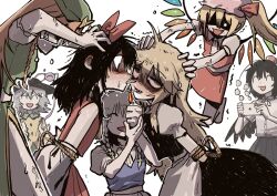 6+girls ^_^ apron arms_behind_back bags_under_eyes black_eyes black_hair black_skirt black_vest blonde_hair blush bound bound_arms bow cellphone chillsamgong cigarette cigarette_kiss closed_eyes commentary_request crystal_wings fang flandre_scarlet forced forced_kiss green_skirt green_vest grey_hair grin hair_bow hakurei_reimu hands_on_another&#039;s_head hat highres holding holding_lighter holding_phone hong_meiling izayoi_sakuya kirisame_marisa kiss komeiji_koishi korean_commentary lighter long_hair looking_at_another mob_cap mouth_hold multiple_girls nervous_sweating open_mouth orange_hair phone puffy_short_sleeves puffy_sleeves pushing red_bow red_skirt red_vest rolling_eyes shaded_face shameimaru_aya sharp_teeth shirt short_hair short_sleeves side_ponytail side_slit simple_background skirt smartphone smile smoking sweat taking_picture teeth third_eye touhou veins very_sweaty vest waist_apron white_background white_shirt wide-eyed wings