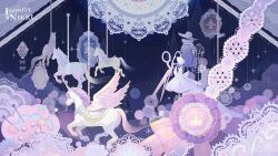 absurdres artist_request beret carousel copyright_name curtains dress hat hat_feather highres infinity_nikki lace light_particles logo mannequin mirror night night_sky nikki_(series) no_humans official_art official_wallpaper purple_theme ribbon scissors second-party_source sewing_pin sky star_(symbol) sun_hat unworn_dress unworn_hat unworn_headwear white_dress white_hat white_ribbon winged_unicorn