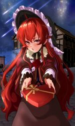 1girl ahoge black_hat blush box box_of_chocolates chocolate dress embarrassed eris_greyrat flat_chest flower flower_necklace frilled_hat frills fur_scarf hair_between_eyes hat heart-shaped_box highres holding holding_box jacket jewelry kou_(spad7u59) long_hair looking_at_viewer meteor_shower mushoku_tensei necklace night night_sky open_mouth outstretched_arms red_dress red_eyes red_hair sky solo star_(sky) valentine very_long_hair white_jacket