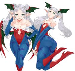 1girl ass bare_shoulders blush boots bridal_gauntlets cosplay darkstalkers frieren green_eyes grey_hair head_wings high_heel_boots high_heels lilith_(darkstalkers) lilith_(darkstalkers)_(cosplay) long_hair looking_at_viewer pantyhose pointy_ears smile solo twintails very_long_hair wanderjegson wings