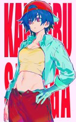 1girl backwards_hat bandaged_arm bandaged_hand bandages baseball_cap black_hair black_panties blue_hair blue_shirt breasts character_name closed_mouth cowboy_shot crop_top hair_between_eyes hat highres kanbaru_suruga medium_breasts midriff monogatari_(series) navel ooo8_q open_clothes open_shirt panties pants red_eyes red_hat red_pants shirt simple_background solo stomach underwear yellow_shirt