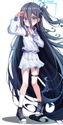 1girl absurdly_long_hair absurdres alternate_costume apple_mango aris_(blue_archive) black_hair black_shoes blue_archive blue_eyes blue_halo blush commentary_request grey_hoodie grey_skirt hair_between_eyes halo hand_on_own_chest hand_up highres hood hoodie long_hair long_hair_between_eyes looking_at_viewer one_side_up pleated_skirt shoes simple_background single_sock skirt smile socks solo standing standing_on_one_leg thigh_strap very_long_hair white_background white_socks