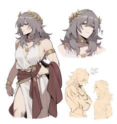 Rule 34 | 1boy, 1girl, ?, absurdres, armband, bracelet, braid, breasts, character request, choker, earrings, english text, grey hair, hair between eyes, highres, honkai: star rail, honkai (series), hoop earrings, jewelry, laurel crown, looking at pectorals, looking at viewer, masoq, medium hair, multiple views, muscular, muscular female, ring, simple background, speech bubble, stelle (honkai: star rail), trailblazer (honkai: star rail), white background, yellow eyes