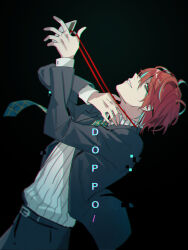 Rule 34 | 1boy, aqua streaks, black background, black jacket, black pants, character name, chromatic aberration, commentary, cowboy shot, floating clothes, glitch, green necktie, grin, holding lanyard, hypnosis mic, jacket, kannonzaka doppo, lanyard, looking at viewer, looking to the side, male focus, necktie, orange hair, pants, plaid clothes, plaid necktie, profile, rayrayray003, shirt, short hair, smile, solo, striped clothes, striped shirt