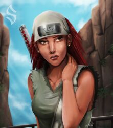 Rule 34 | 1girl, absurdres, bandana, closed mouth, dark-skinned female, dark skin, earrings, forehead protector, highres, jewelry, karui (naruto), kumogakure symbol, long hair, naruto (series), naruto shippuuden, realistic, red hair, signature, sokartis, solo, sword, sword on back, weapon, weapon on back, yellow eyes