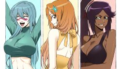 Rule 34 | 3girls, bleach, breasts, cleavage, closed eyes, collarbone, green hair, highres, inoue orihime, large breasts, long hair, midriff, multiple girls, n (nauki 11), navel, nelliel tu odelschwanck, open mouth, orange hair, ponytail, purple hair, shihouin yoruichi, smile