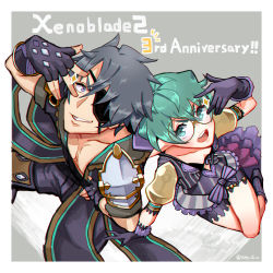1boy 1girl :d absurdres anniversary armor curly_hair eyepatch fingerless_gloves from_above glasses gloves green_hair grey_hair grin hat hey_cre highres jacket open_clothes open_jacket open_mouth pandoria_(xenoblade) pectorals pointy_ears round_eyewear short_hair shorts shoulder_armor smile xenoblade_chronicles_(series) xenoblade_chronicles_2 zeke_von_genbu_(xenoblade)