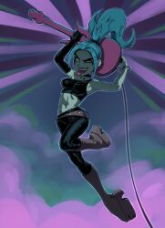 1girl belt blue_hair boots breasts colored_skin crop_top danny_phantom elbow_gloves electric_guitar ember_mclain full_body gloves green_eyes guitar highres instrument long_hair loose_belt makeup medium_breasts pants pears_(pears_pears) ponytail runny_makeup single_elbow_glove solo teeth tongue tongue_out uneven_eyes