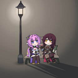 2girls alcohol asymmetrical_gloves asymmetrical_legwear blue_eyes blush boots bottle breasts brown_background brown_boots brown_dress brown_gloves brown_hair brown_shorts chibi closed_mouth commentary_request cup dress drinking_glass eden_(honkai_impact) elysia_(honkai_impact) elysia_(miss_pink_elf)_(honkai_impact) gloves hair_intakes highres holding holding_bottle holding_cup honkai_(series) honkai_impact_3rd lamppost long_hair medium_breasts mismatched_gloves mismatched_legwear mokkyo_(motkyo) multiple_girls on_bench pink_hair pointy_ears shorts simple_background single_glove sitting smile thigh_boots very_long_hair white_gloves wine wine_bottle wine_glass yellow_eyes