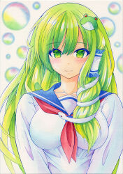 Rule 34 | 1girl, blue sailor collar, blush, breasts, bubble, collarbone, dot nose, double-parted bangs, facing viewer, frog hair ornament, green eyes, green hair, hair intakes, hair ornament, hair tubes, kochiya sanae, large breasts, long sleeves, looking at viewer, neckerchief, nightmare77zx, painting (medium), red neckerchief, sailor collar, school uniform, serafuku, single hair tube, single sidelock, smile, snake hair ornament, solo, touhou, traditional media, upper body, v arms, watercolor (medium), white serafuku