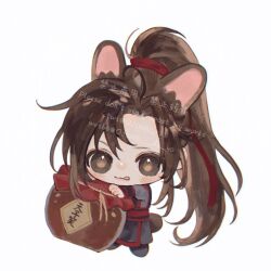 1boy :q ahoge animal_ears black_boots black_hanfu blush boots brown_eyes brown_hair chibi chibi_only chinese_clothes full_body hair_ribbon hanfu holding_jug jug_(bottle) kemonomimi_mode licking_lips long_hair long_sleeves looking_at_viewer male_focus modao_zushi ojisan_rbt ponytail rabbit_boy rabbit_ears rabbit_tail red_ribbon ribbon sidelocks simple_background solo tail tongue tongue_out tunic twitter_username watermark wei_wuxian white_background